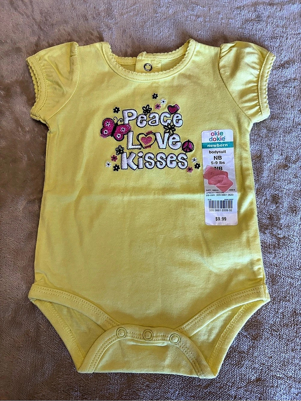 Okie Dokie Peace Love Kisses Graphic Bodysuit Baby NB Yellow